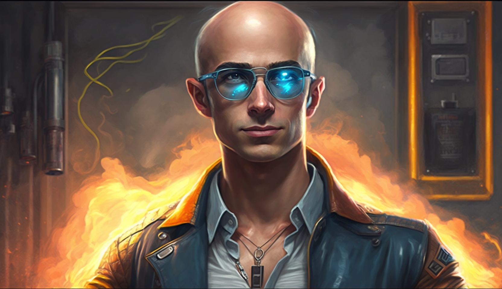 metamodern painting of young jeff bezos founding a company in year 2030 while looking cool and overpowered